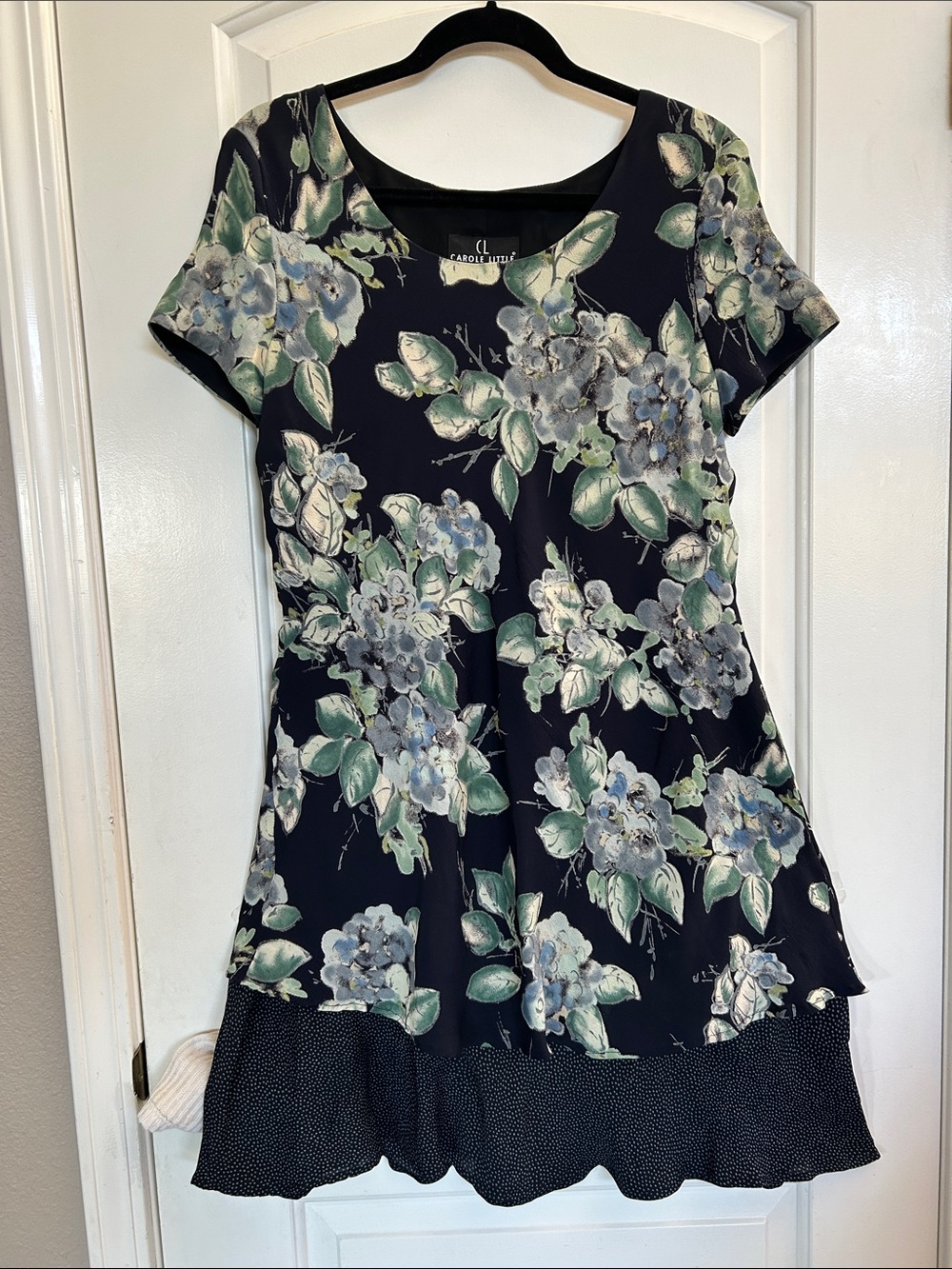Carole Little Black Floral Short-Sleeve Dress with Blue & Green Blooms
